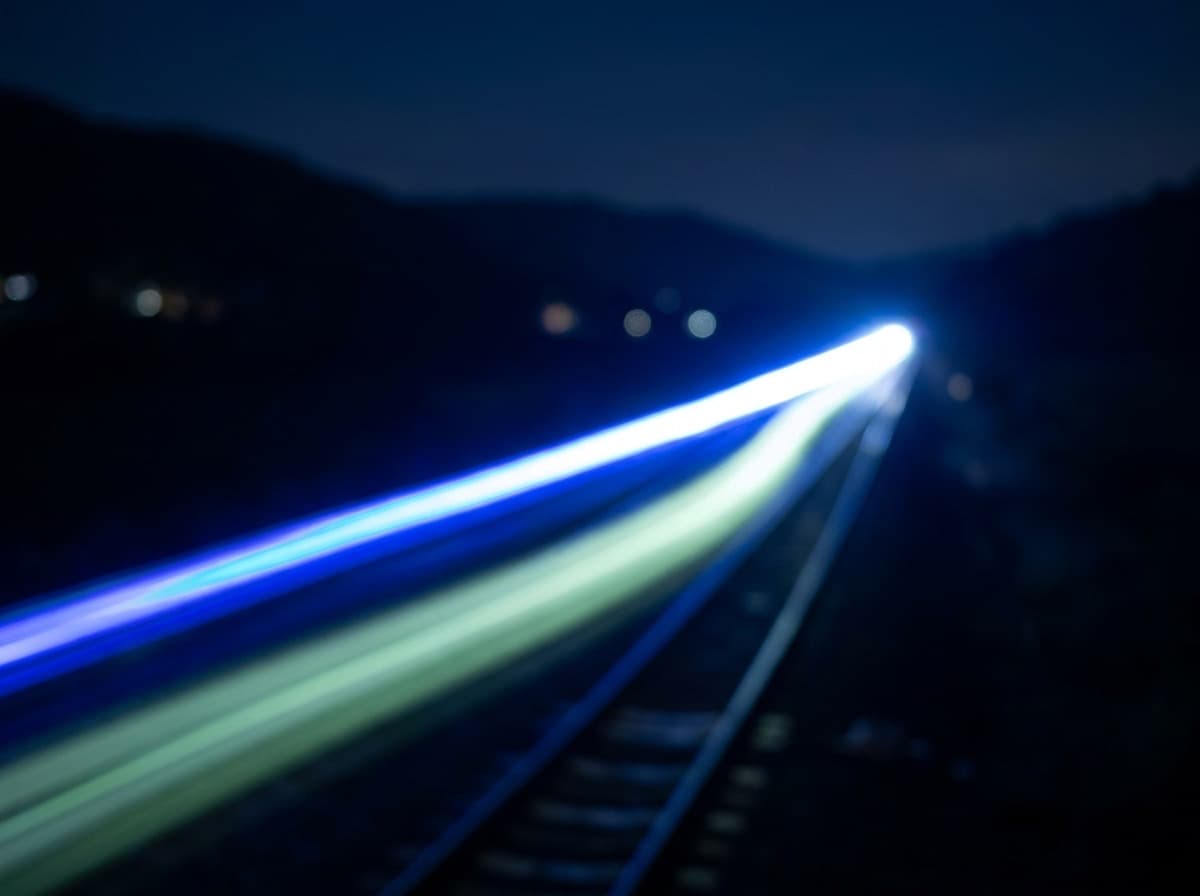 Two streams of light, blue and green, merging into one